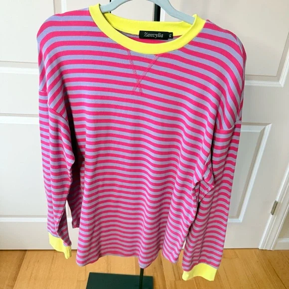 Sweater top, Pink & Purple Striped with Yellow Trim, SOFT with Stretch, Size XL - Picture 5 of 10